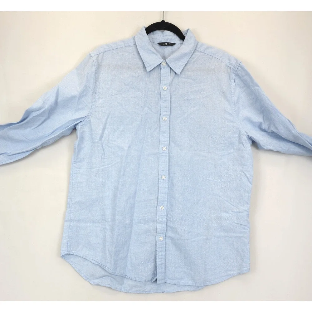 7 For All Mankind Linen Cotton Button Up Shirt‎ Men L Office Casual Preppy Blue
